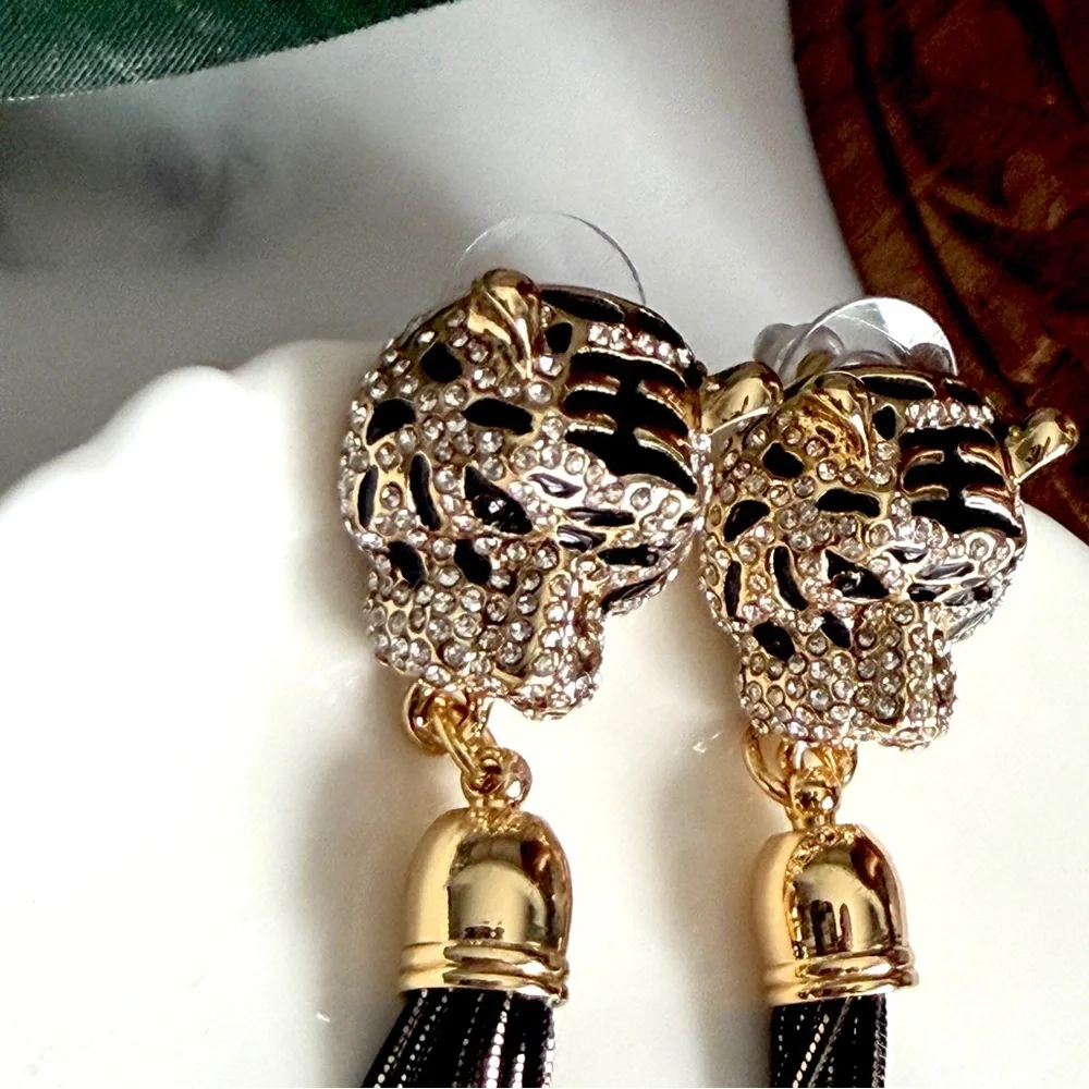 Gold Rhinestone Cheetah Leopard Earrings Long Tassel Fringe Sparkle Jewelry NEW